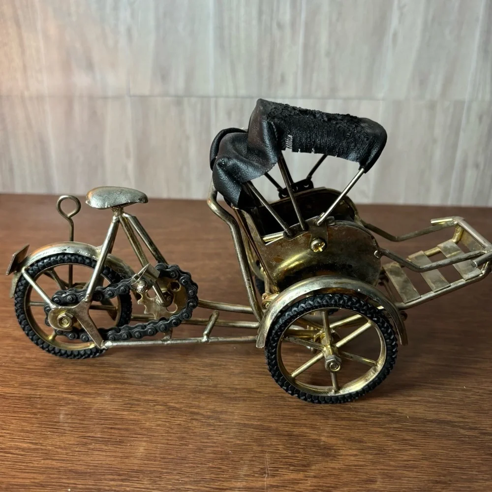Brass-Tone Mini Rickshaw Tricycle Black Seat Faux Leather Canopy Vietnam Vintage